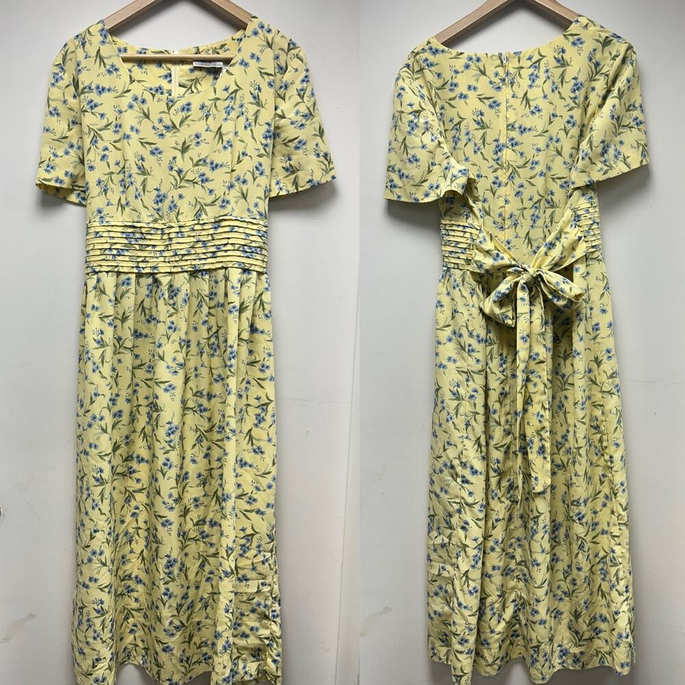 Vintage Kathie Lee Collection Yellow Floral Midi Dress Size 14 Tie Back